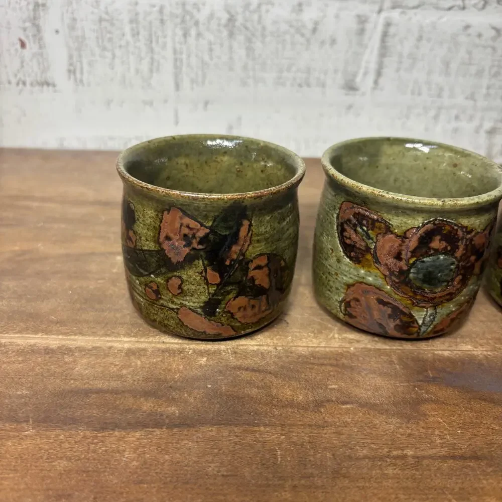 Vintage OMC Japan Green Stoneware Sake Cups Set of 3